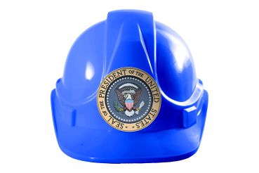 A blue hard hat with the United States' presidential seal on it.