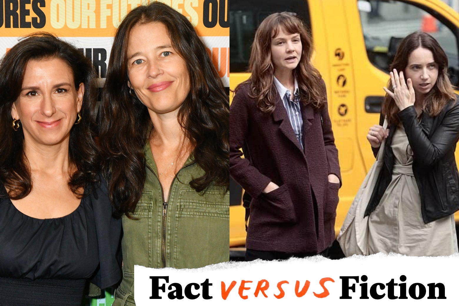 On the left, the reporters on the red carpet, looking a few years older, and happy. On the right, the actresses standing in front of a cab, looking determined. All four women have long brown hair with just a little curl.