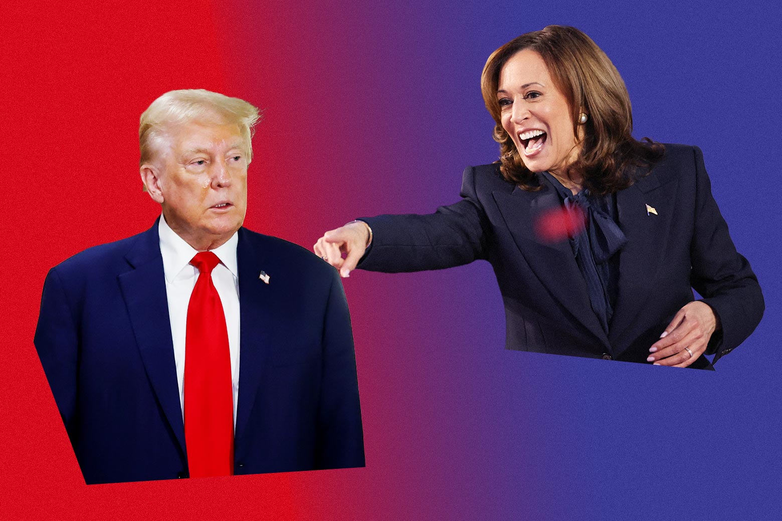 Kamala Harris, needling Trump by smiling broadly in his direction as he looks annoyed.