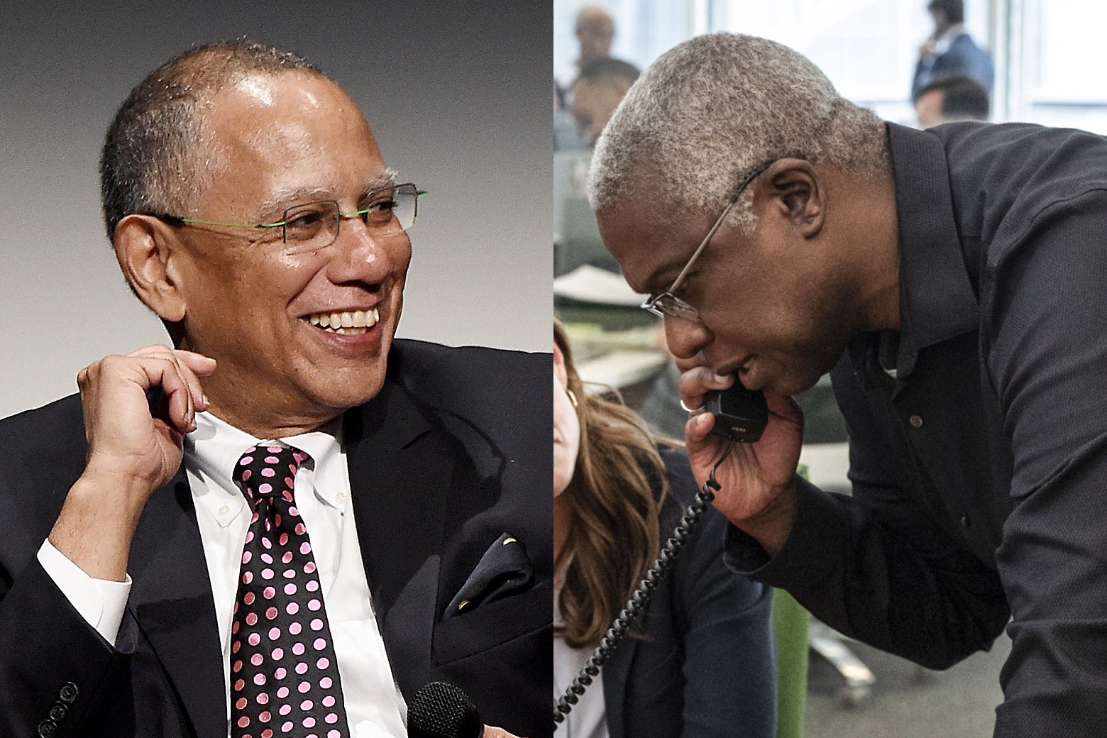 The two men wear professional clothes, close-cropped hair, and wire rim glasses.