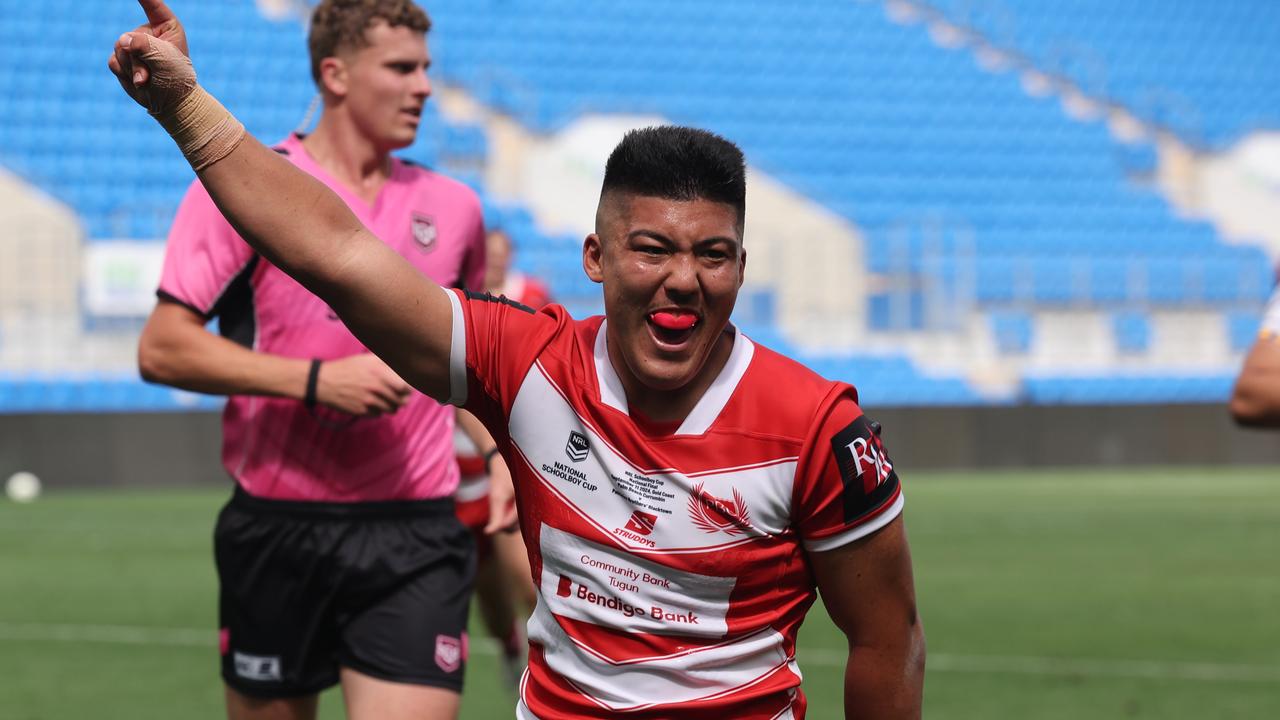 NRL National Schoolboys Cup final at CBUS Stadium  between Palm Beach Currumbin and Patrician Blacktown Brothers.  PBCs Reuben Tamariki scores..  .Picture Glenn Hampson