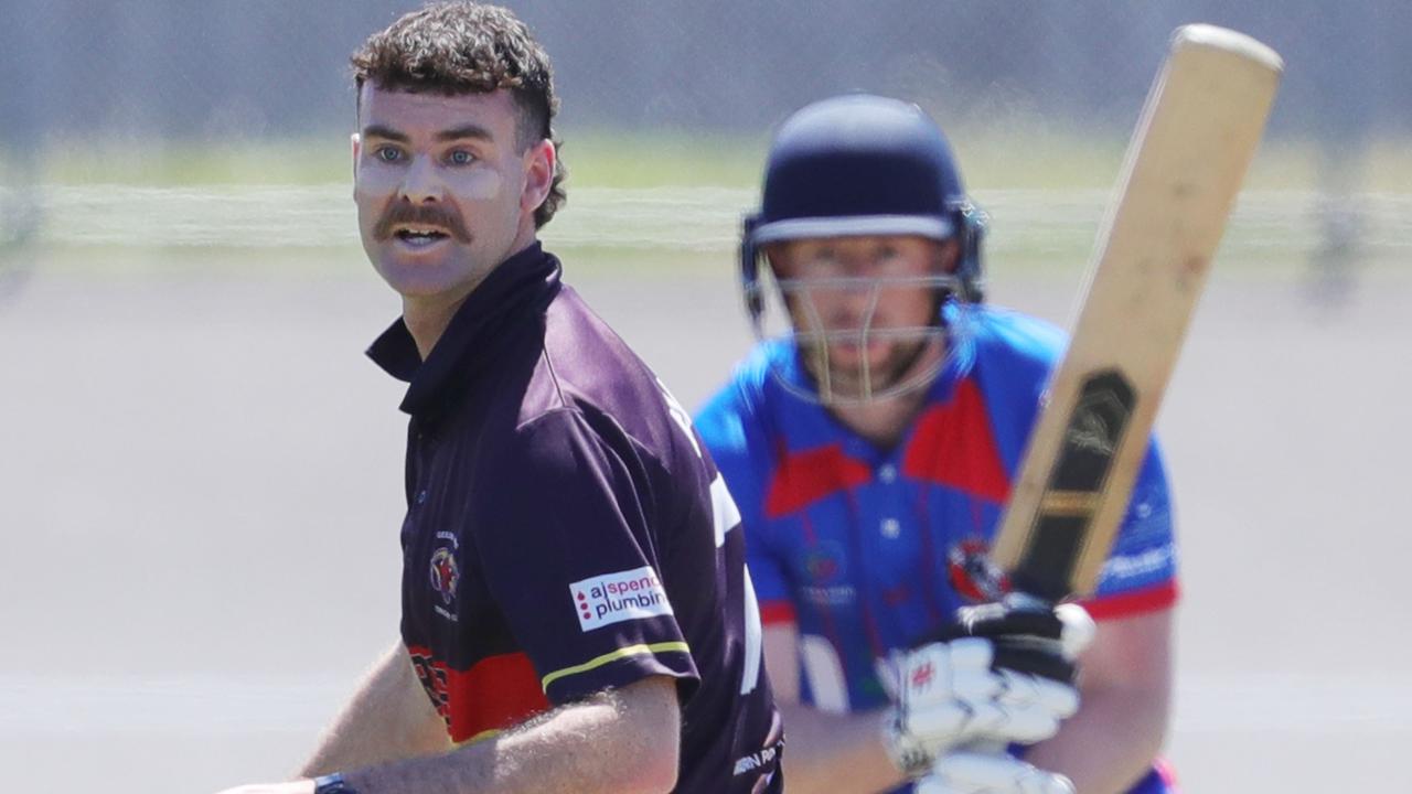 Cricket Geelong West v Bell Post Hill GCA2 at Geelong West Oval.  
Bell Post Hill batsman Ryan Mills and  Geelong west bowler Sam Kelly 
Picture: Mark Wilson