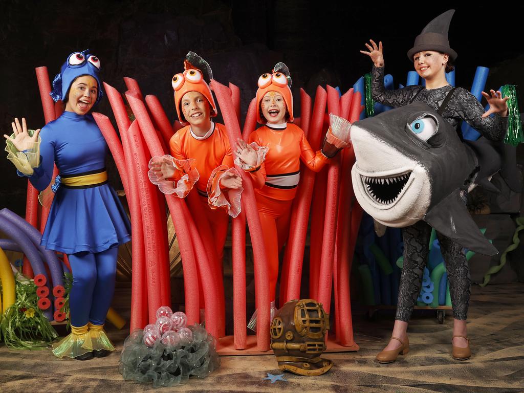 Alondra Lisica 12 as Dory, Ollie Knuckey 11 as Marlin, Madeleine Clark 11 as Nemo, Frida Barclay 12 as Bruce.  Musical Theatre Crew production of Finding Nemo.  Picture: Nikki Davis-Jones