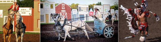 3 photos of performers at the Pawnee Bill Wild West Show, a woman riding while standing on two saddles, a chariot and an Osage dancer