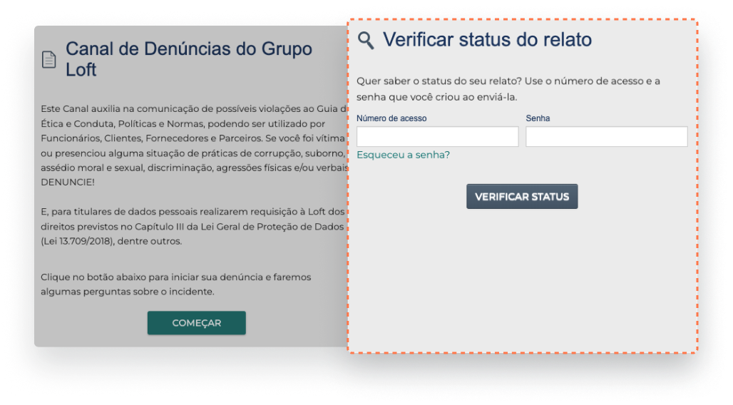 Página para verificar status da denúncia