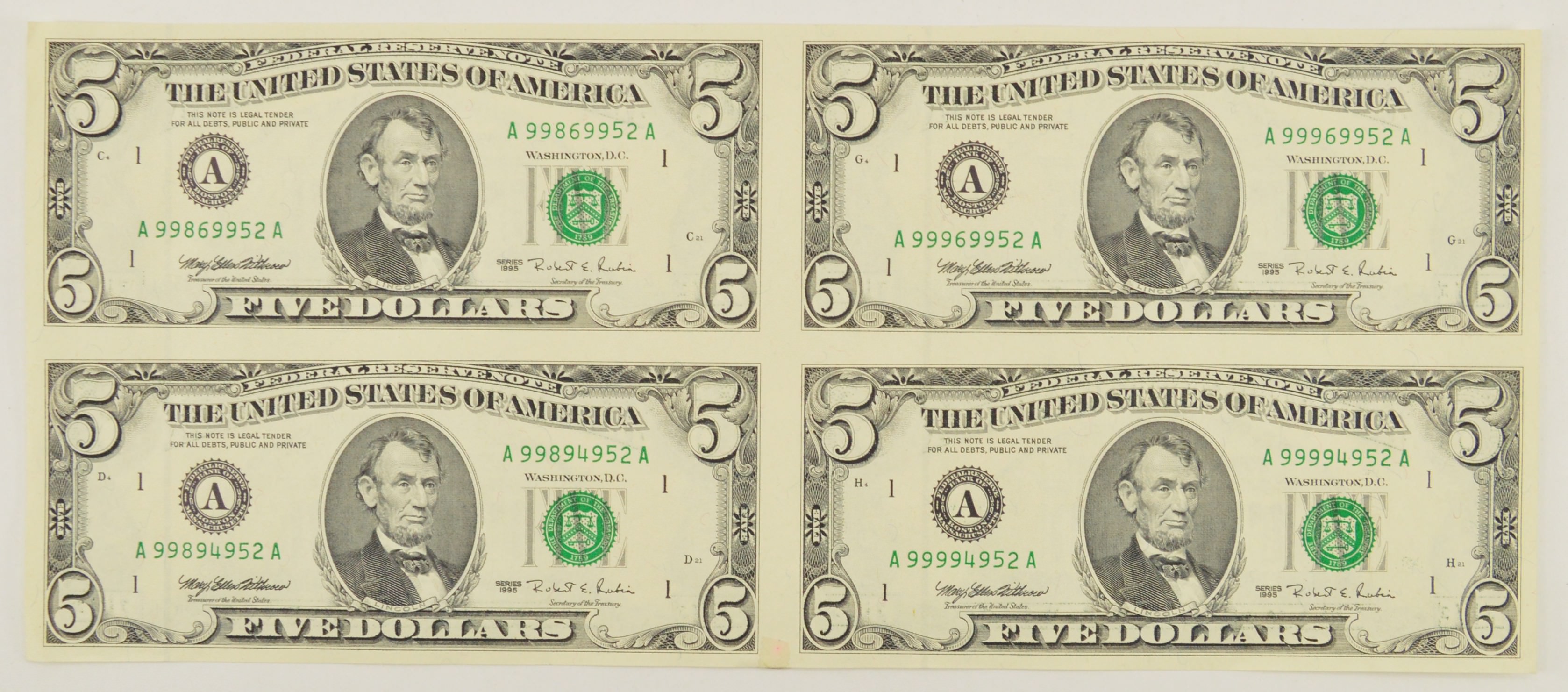 Rare** UNCUT SHEET - 1995 Five Dollar Bill - Choice Unc - Never Cut by ...