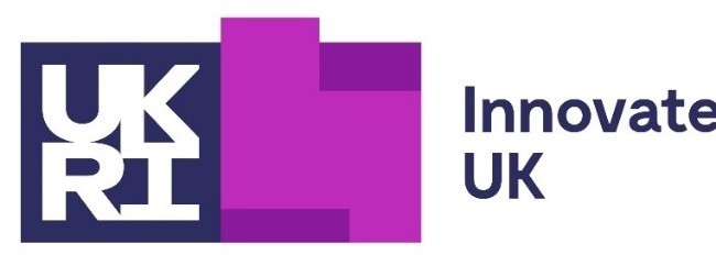 Logo of Innovate UK, featuring "UKRI" in white text on a dark blue background to the left and a purple geometric design followed by the text "Innovate UK" in dark blue on a white background to the right.