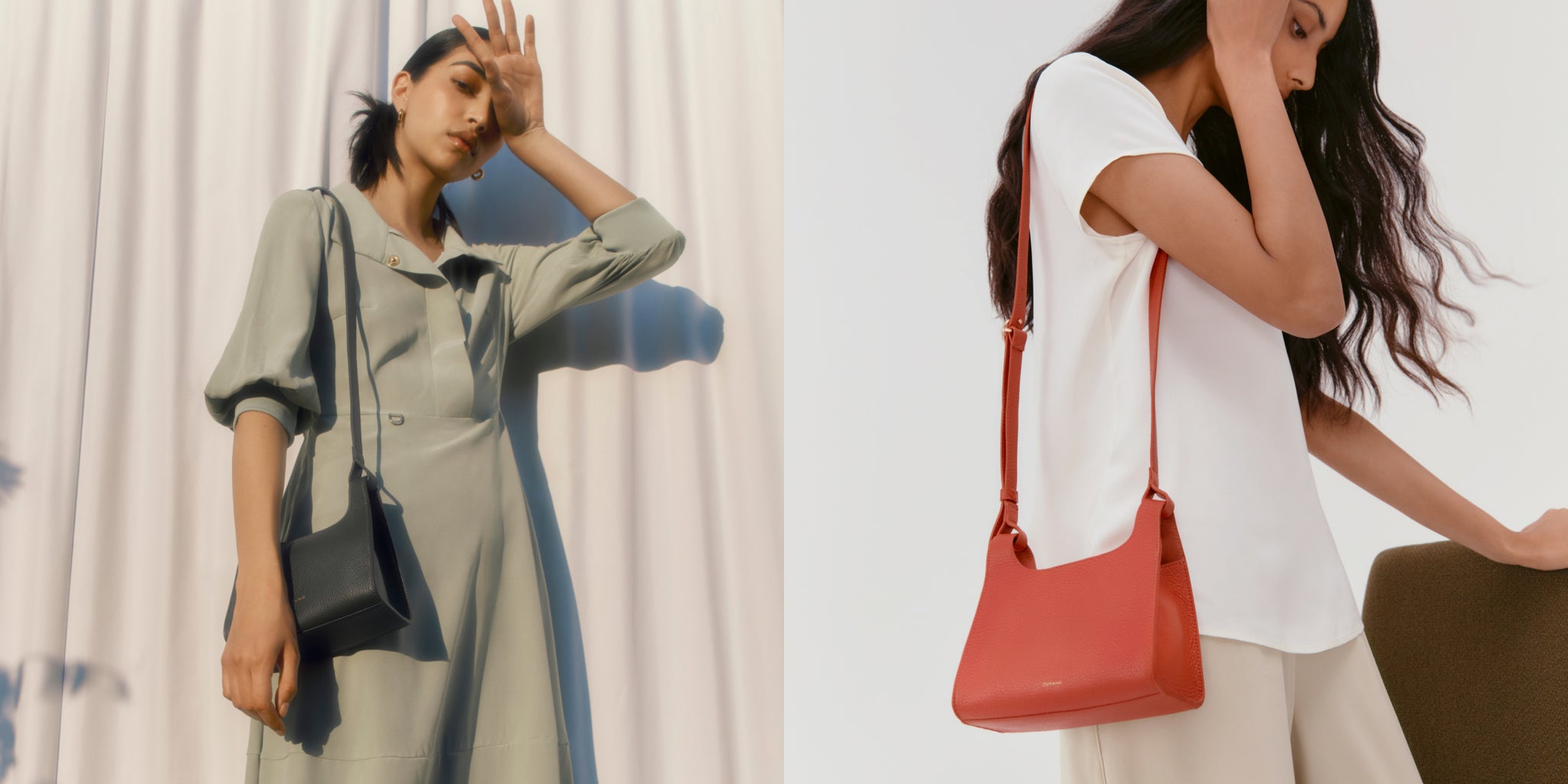 Two women posing with handbags, one standing and one leaning.