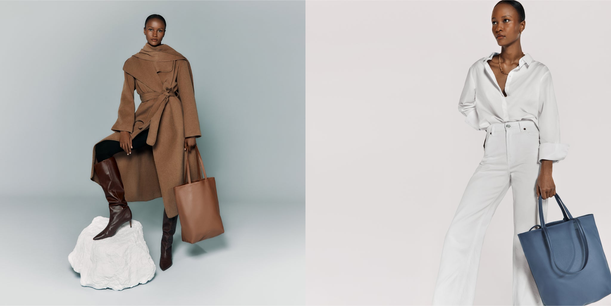 Two women posing in different outfits with handbags.