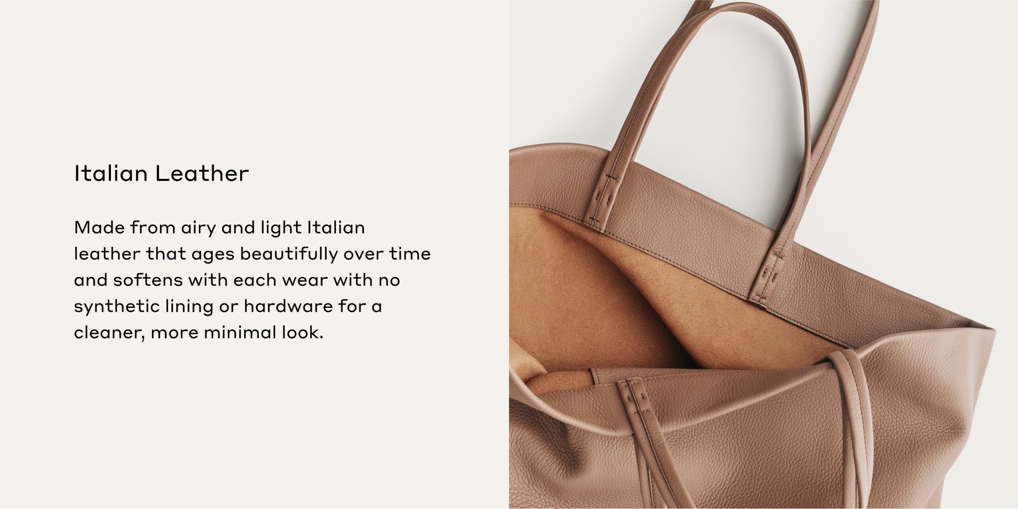 Two images of a leather bag with text describing its features.