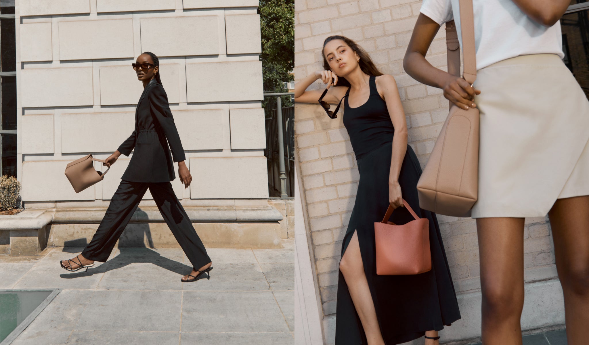 Two images of women walking, each carrying a bag, near buildings.