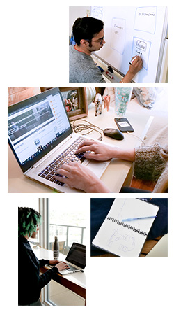 A collage featuring AWS employees working on laptops and writing on a white board.