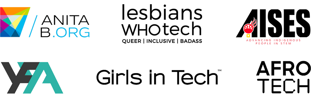 Afro Tech 標誌、YFYA 標誌、Lesbians Who Tech 標誌、Girls in Tech 標誌、AnitaB.org 標誌、美洲印第安人科學和工程學會（American Indian Science and Engineering Society）標誌