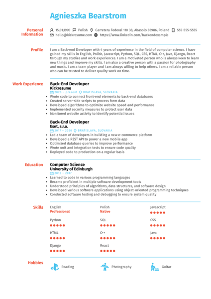 Resume sample generated by Kickresume AI resume writer.