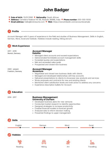 Resume sample generated by Kickresume AI resume writer.