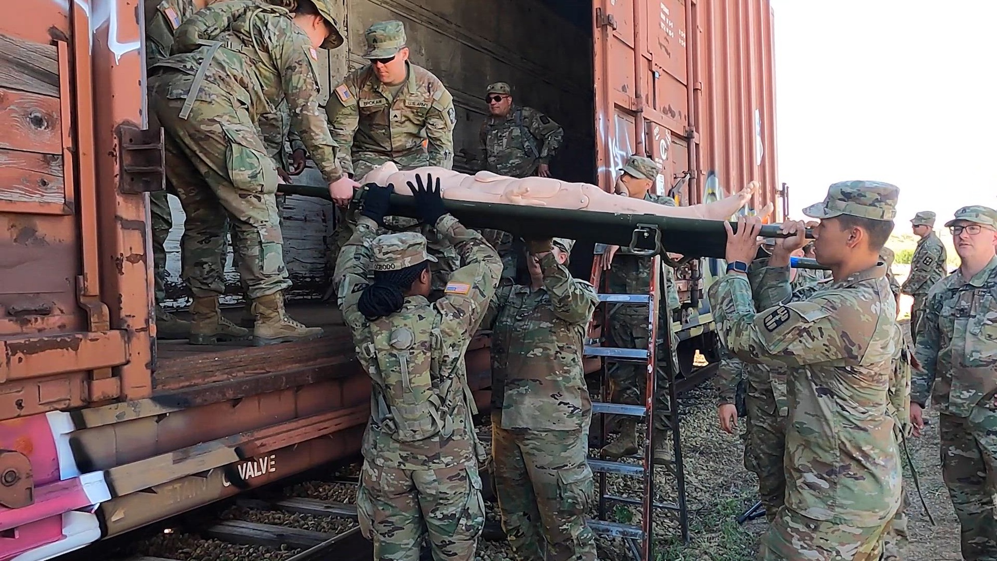 U.S. Army Reserve medical personnel at Global Medic conducted casualty loading into a box car on June 5-11, 2024, at Fort Hunter-Liggett, Calif. The training is to help create a standard operating procedure when medical evacuation is not available by air or ground vehicle. (U.S. Army Reserve Video by Spc. Ronald D. Bell)