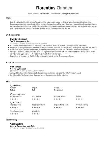 Inventory Assistant Resume Sample