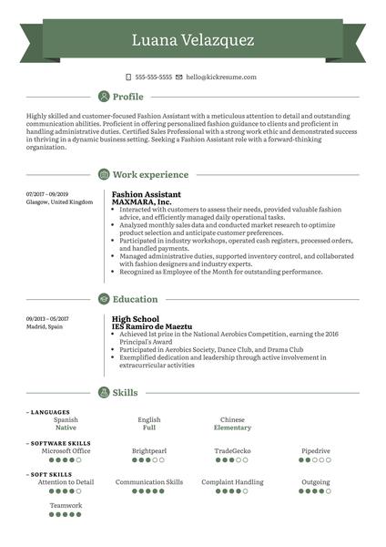 Fashion Assistant Resume Example