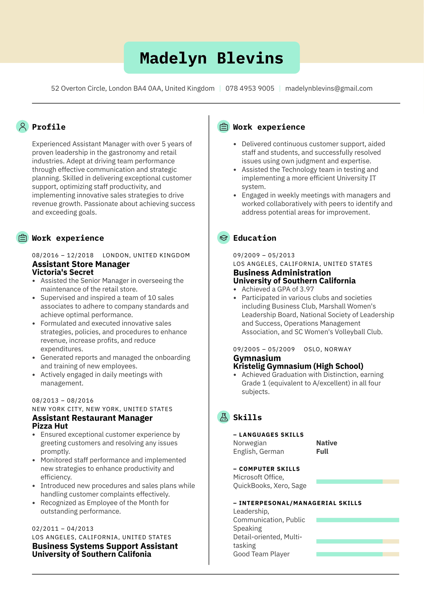 Assistant Manager Resume Example