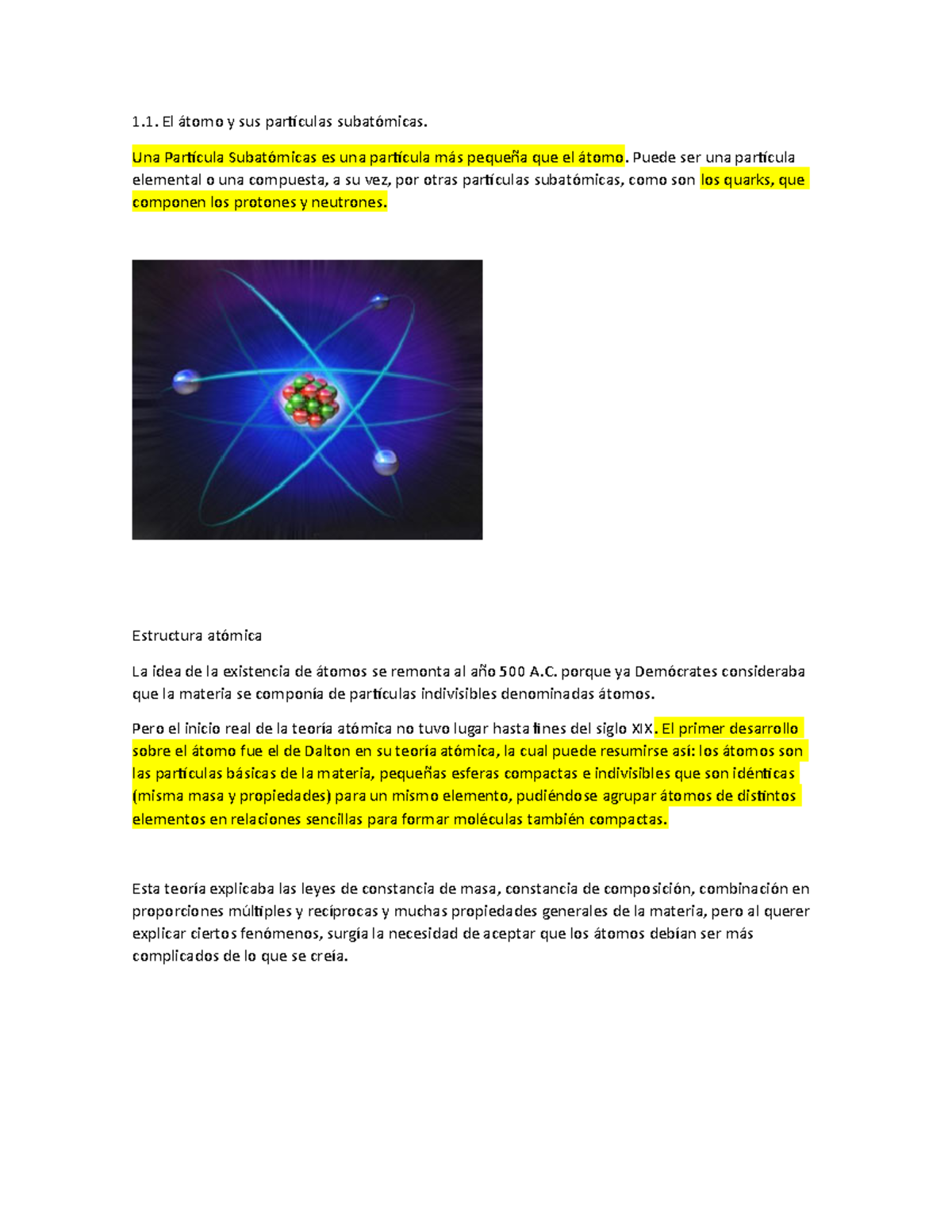 Unidad 1 quimica - 1. El átomo y sus partículas subatómicas. Una ...