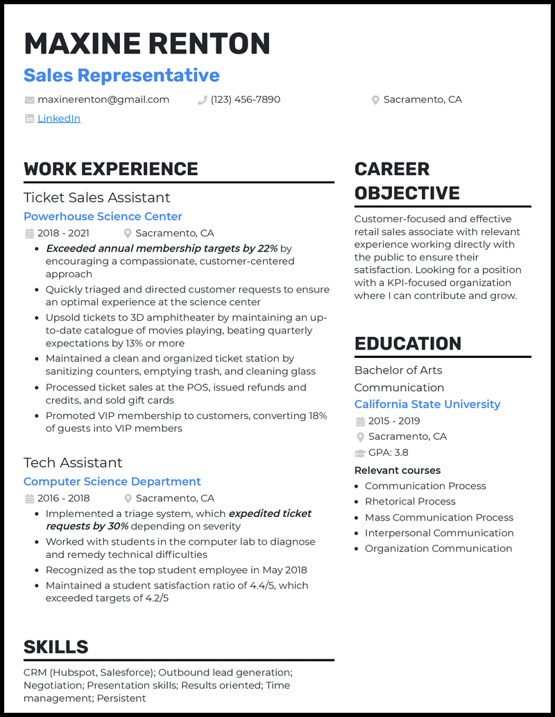 Recent college graduate resume example with 7+ years experience