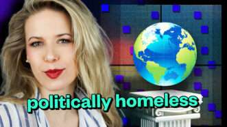 Anna Gát next to a globe with the words "politically homeless" in green font | Alexandr Mitiuc Dreamstime.com Rtguest