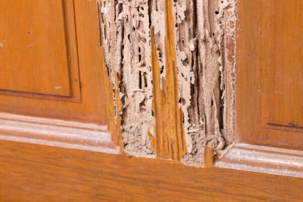 closeup wood door with termite damage