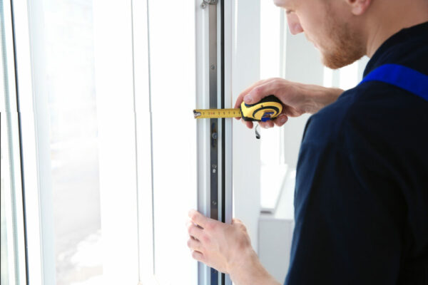 Service man measuring window for installation indoors