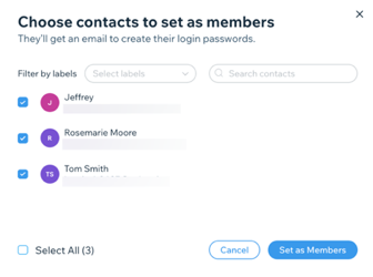 A screenshot of choosing contacts to set as site members, from the Contact List