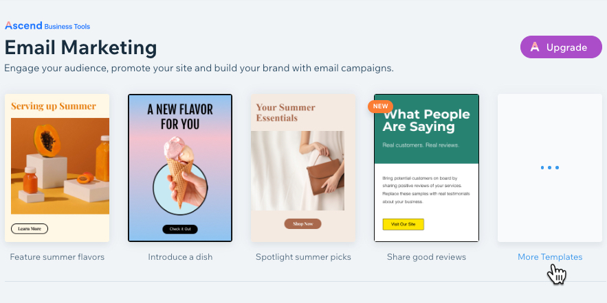 Screenshot of the Wix dashboard on the Email marketing page. Email templates are shown, the cursor is over