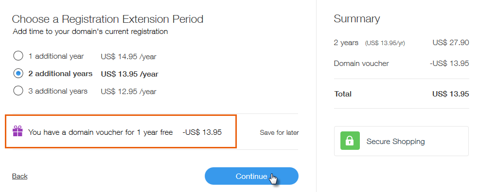 Image of extended registration period options for domain being transferred to Wix.