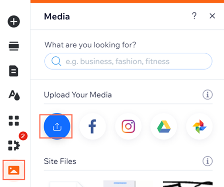 screenshot of media panel in wix editor. upload your media button highlighted.