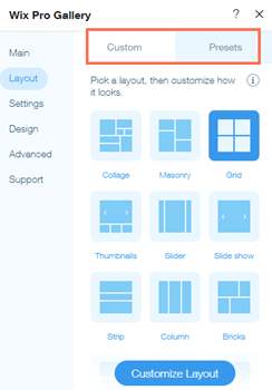Screenshot showing the Layout tab with the Custom and Preset tabs highlighted.