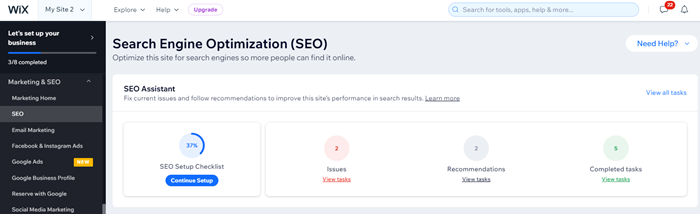 A screenshot of the SEO tab in the Dashboard showing the SEO Assistant.