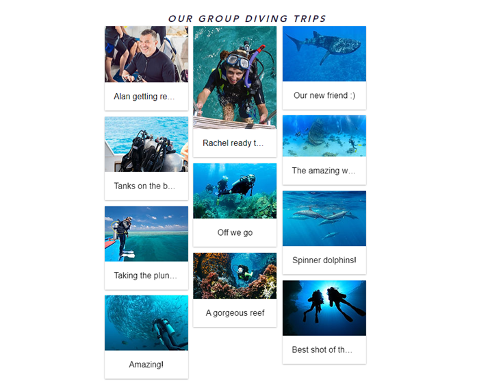 A gallery on a live site, showing pictures of a diving trip. The images have captions.