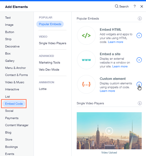 The embed tab in the 'Add Elements' panel in the Wix Editor. The cursor is hovering over the custom element option.