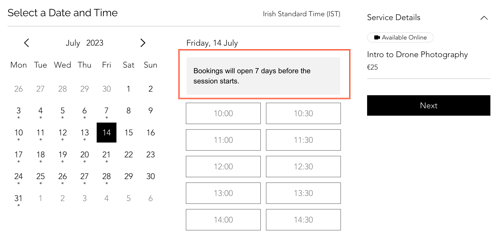 Screenshot showing the booking rules message clients see at checkout when booking a service too far in advance.