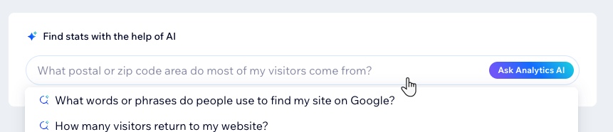 A screenshot of the Wix Analytics AI Assistant with a preset question list open.
