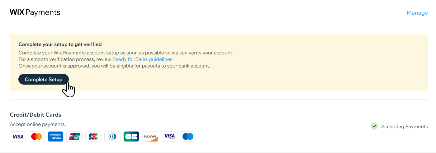 Wix Payments の設定を完了する画面