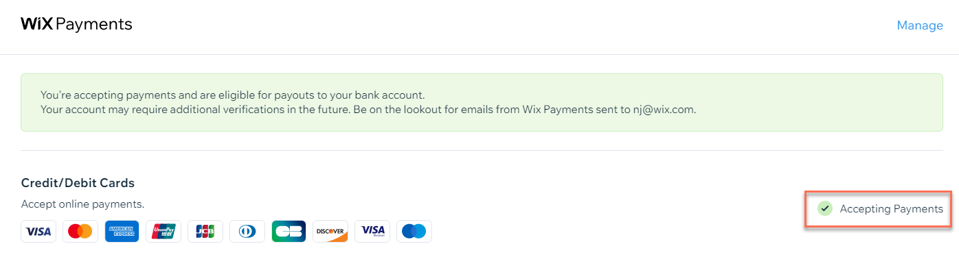 Wix Payments account showing that payments are being accepted,