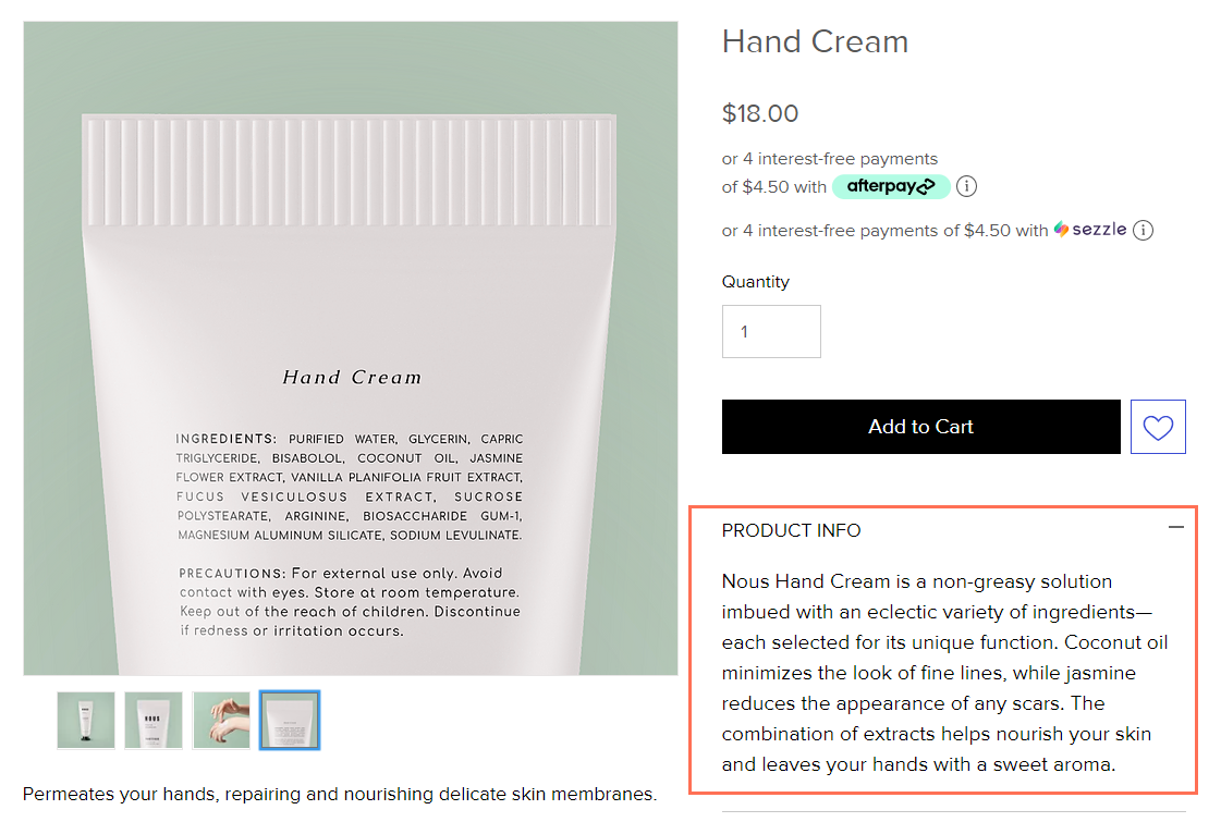 example of hand cream in Wix Stores with a product description,