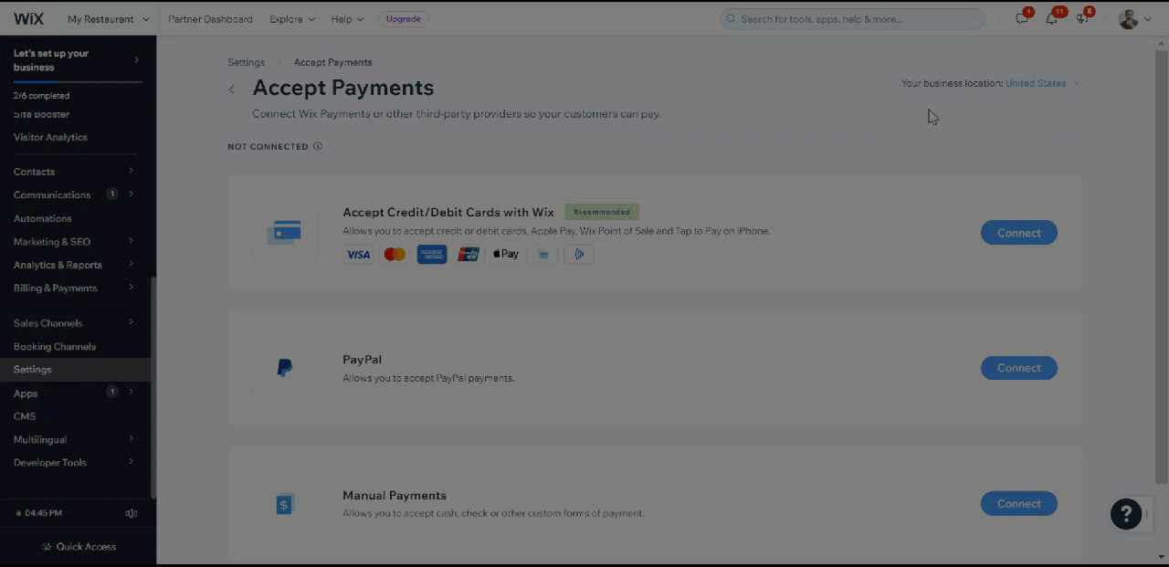 Accept Payments tab, showing business location and other payment options,