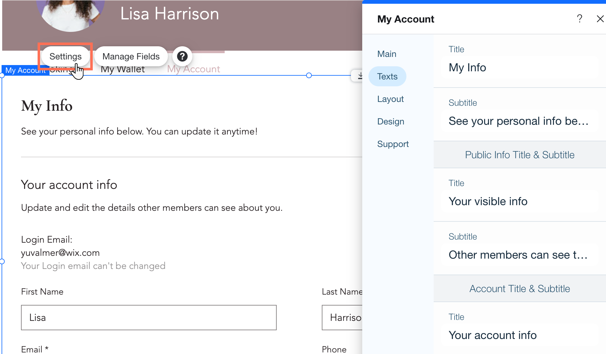 A screenshot of the My Account page's Settings panel open and customized.