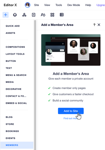 A screenshot of the Editor X Add panel, that lets you add a Members Area to your site