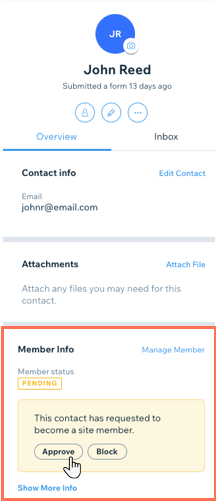 A screenshot of clicking Approve in a member's Contact Card.