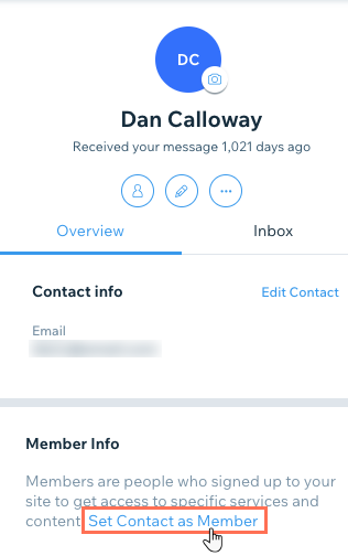 Setting a contact as a site member from their contact card