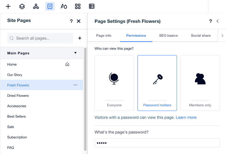 Uma captura de tela do painel Configurações da página onde você pode configurar uma página do site