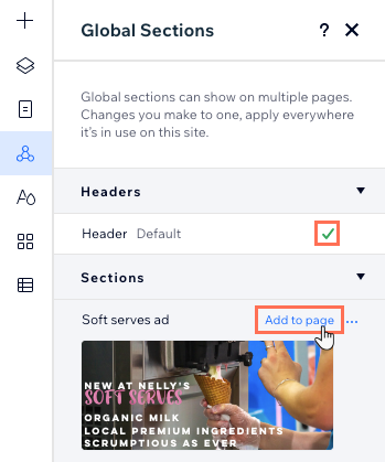 Global Sections panel, the checkmark appears next to the header and the option to add a section that isn't on the page