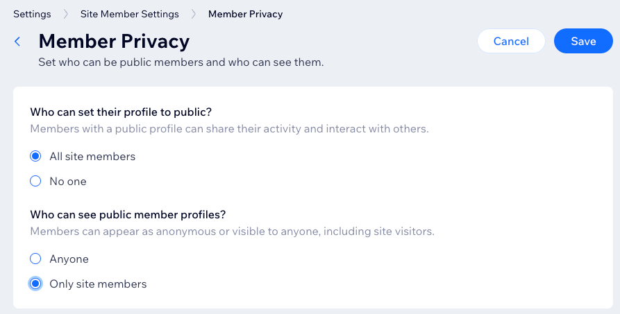 The Member Privacy settings in the site's dashboard