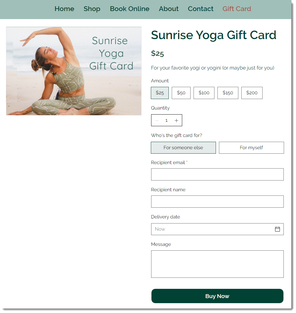 Screenshot of the gift card page on a website